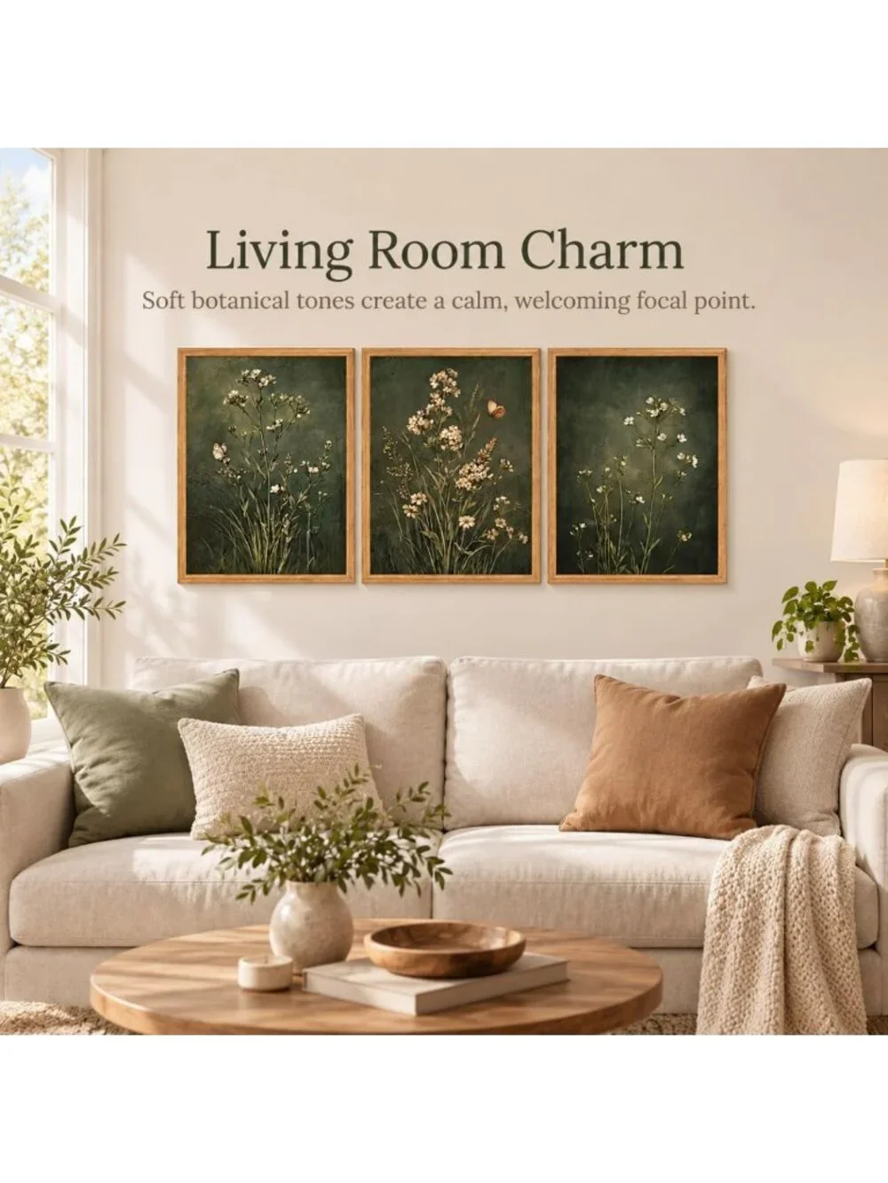 Vintage Floral Botanical Canvas Wall Art Set - 3 Framed Prints, Dark Green 16x12